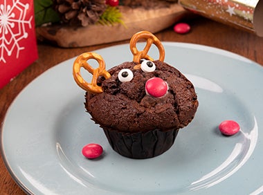 smarties reindeer muffin on a plate
